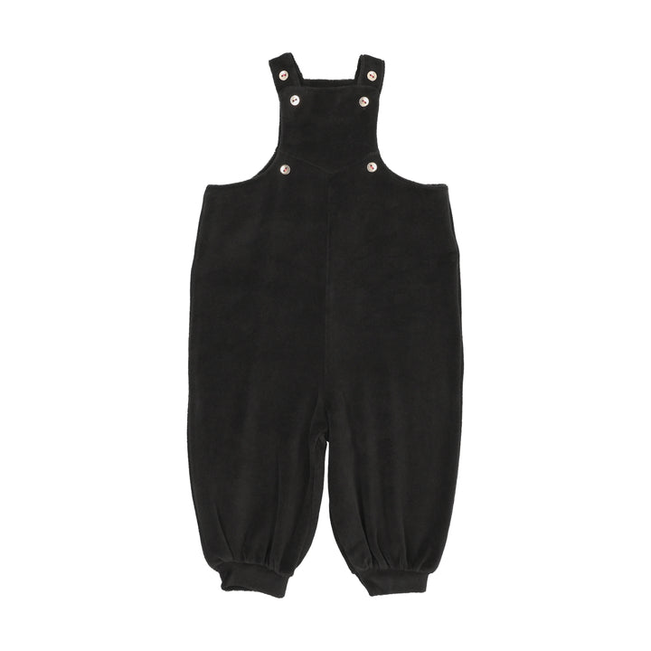 Black overalls with button straps on a white background
