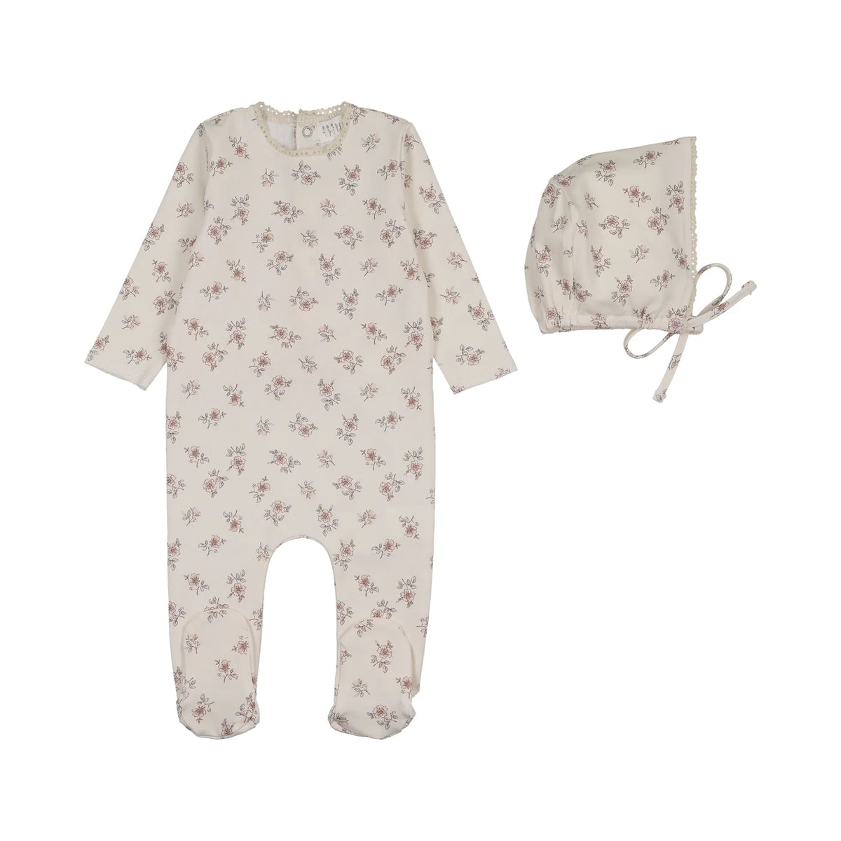 Peluche Bebe Blossom Footie & Bonnet Set Crochet Trim Powder