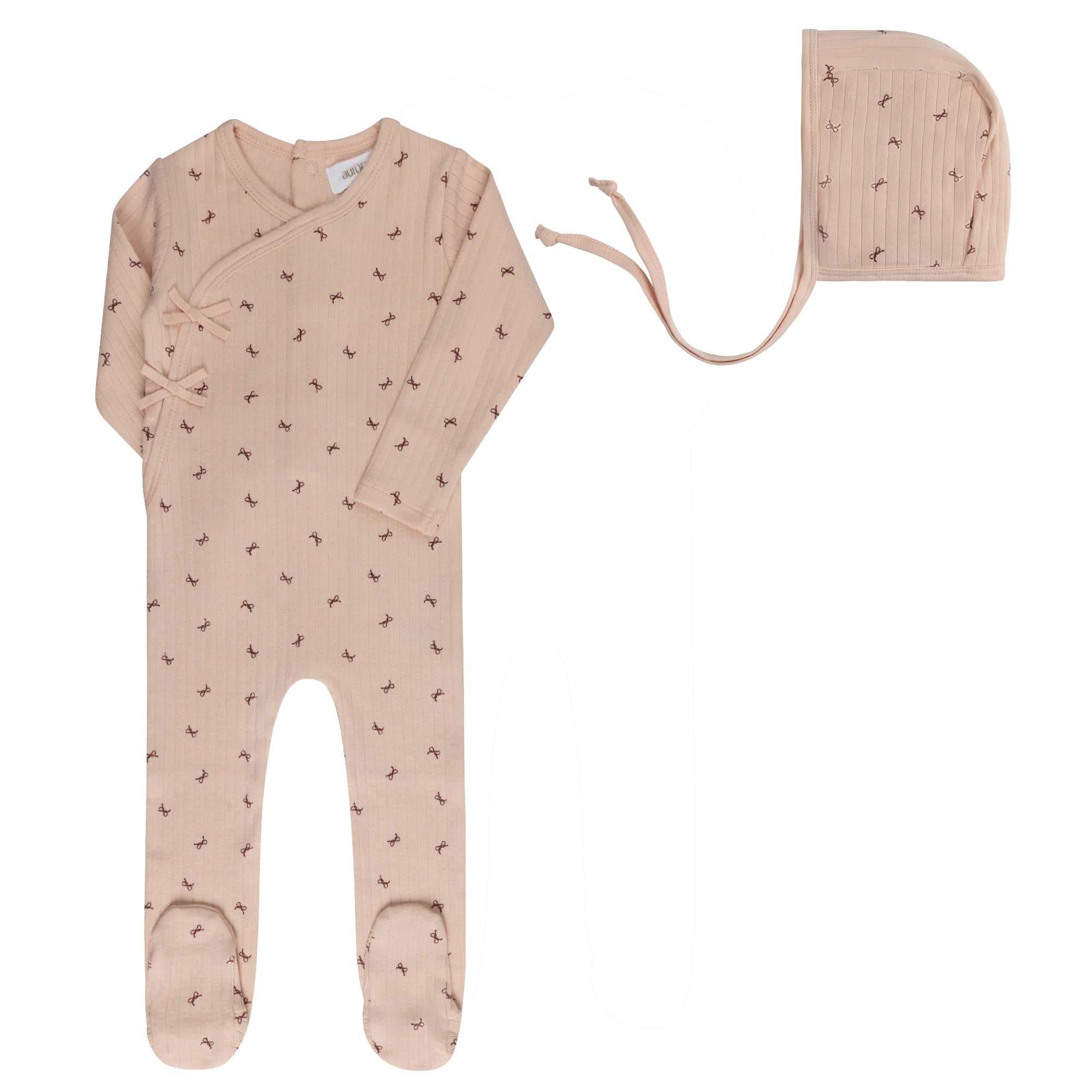 Ely's & Co Bow Pattern Collection Footie and Bonnet Soft Cotton Baby Outfit Bow Print Design