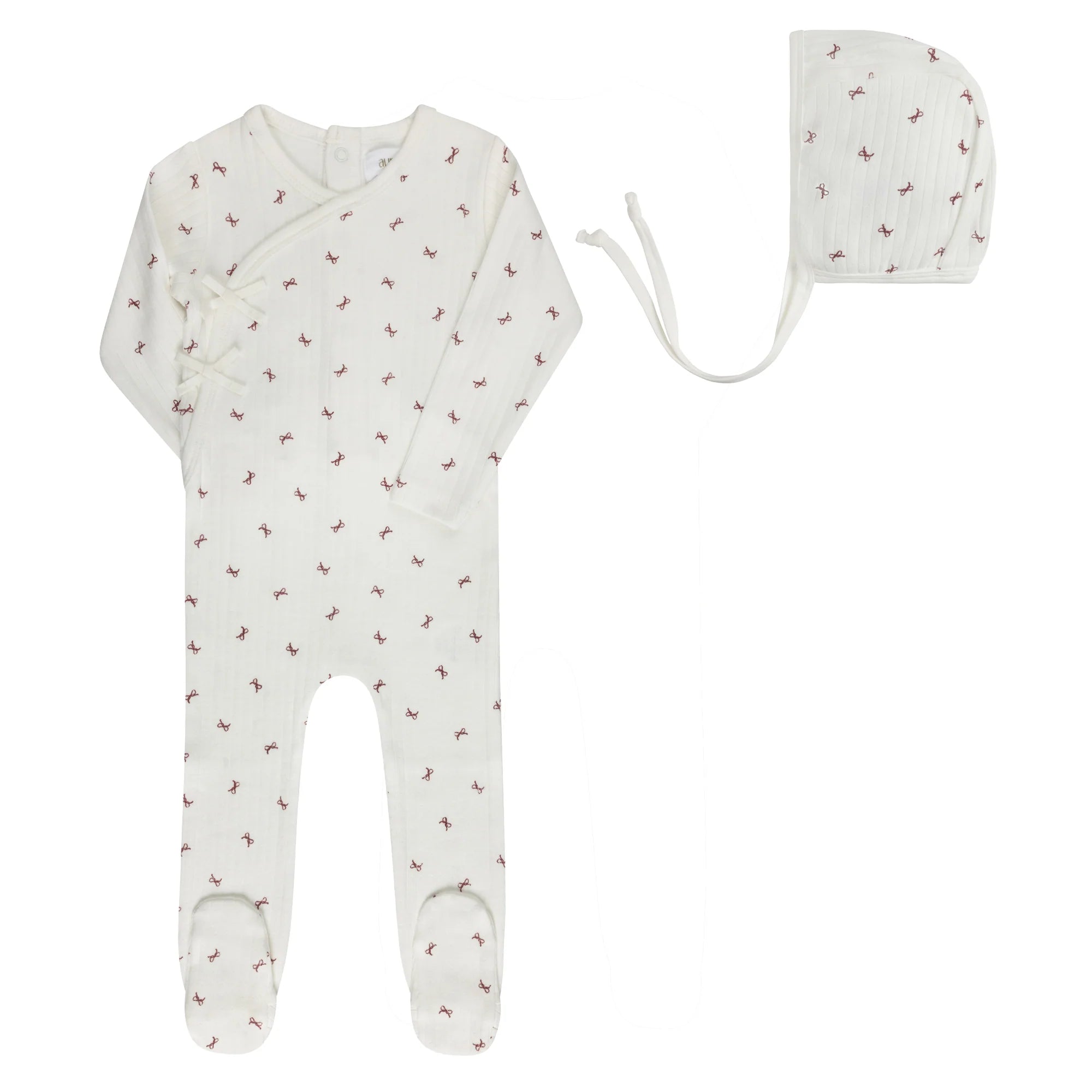 Ely's & Co Bow Pattern Collection Footie and Bonnet Soft Cotton Baby Outfit Bow Print Design