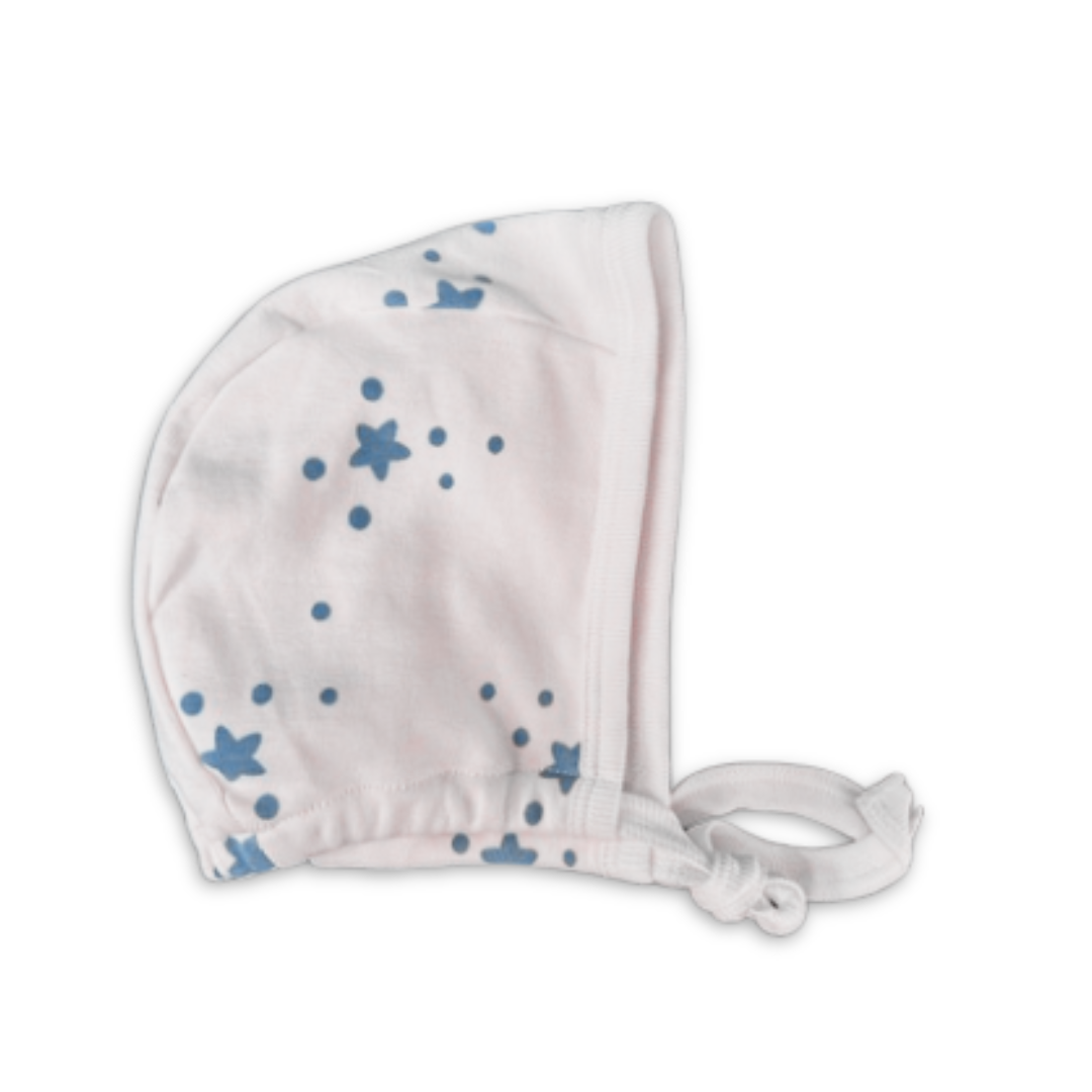 Cotton Pompom Bubble Stars cotton baby bonnet in soft breathable fabric, cozy newborn hat with star pattern design