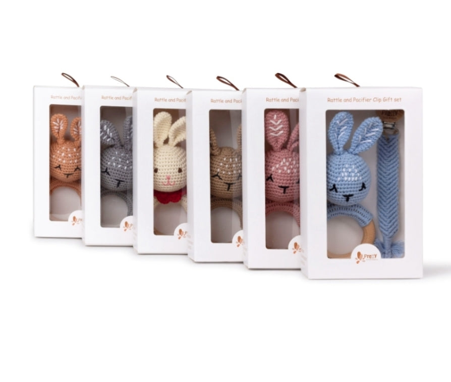 Newborn Gift Set — Bunny Rattle with Matching Pacifier Clip