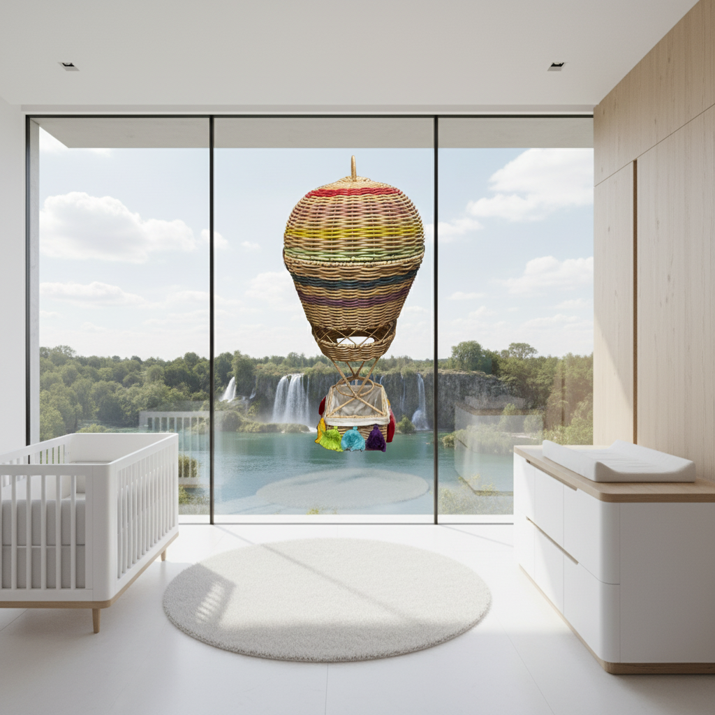 Wicker Hot Air Balloon Nursery Decor, Colorful Boho Rattan Storage Basket