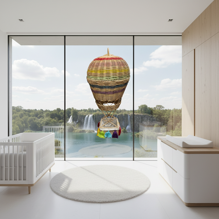 Wicker Hot Air Balloon Nursery Decor, Colorful Boho Rattan Storage Basket