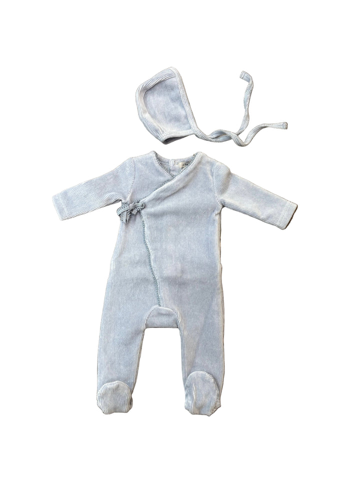 Little Lux  Ribbed Picot Trim Velour Footie + Bonnet