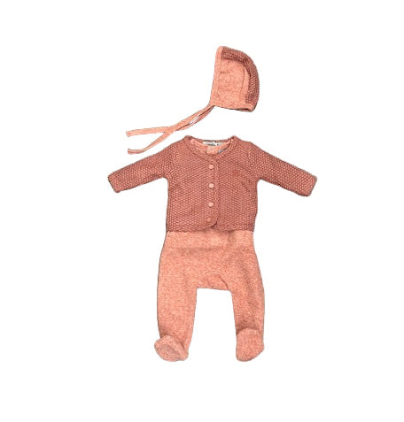 Little Lux Knit Bib Velour Footie +Cardigan + Bonnet