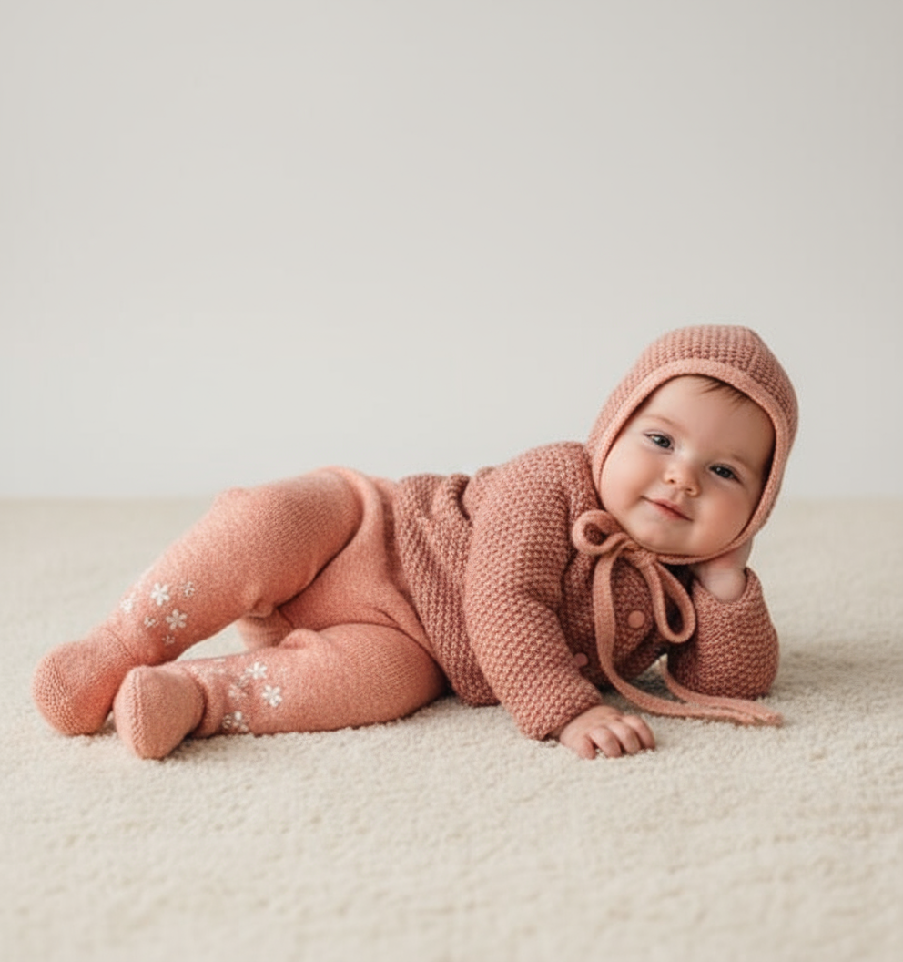 Little Lux Knit Bib Velour Footie +Cardigan + Bonnet