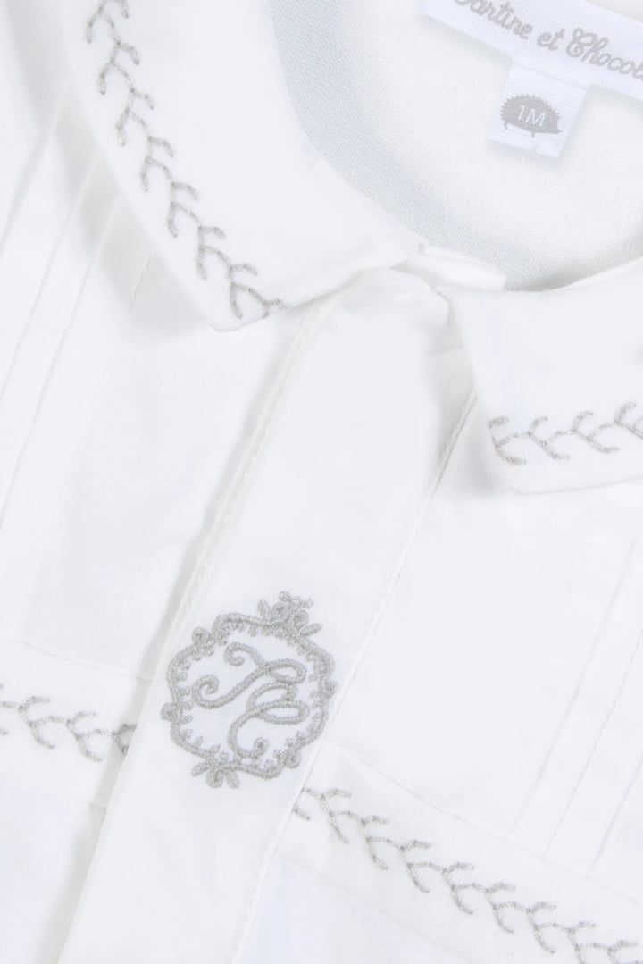Tartine et Chocolat White Velvet Embroidered Emblem Footie