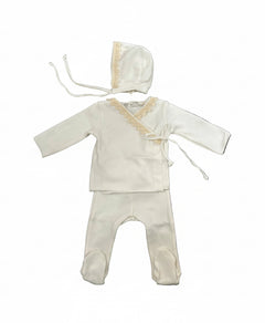 Latte Baby White Knit Set with Lace + Bonnet + Blanket