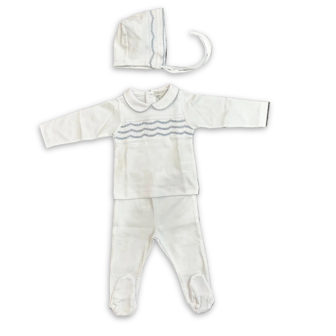 Chant De Joie Smocked Pima Two Piece and Bonnet Set Soft Pima Cotton Baby Outfit Smocked Detail Design