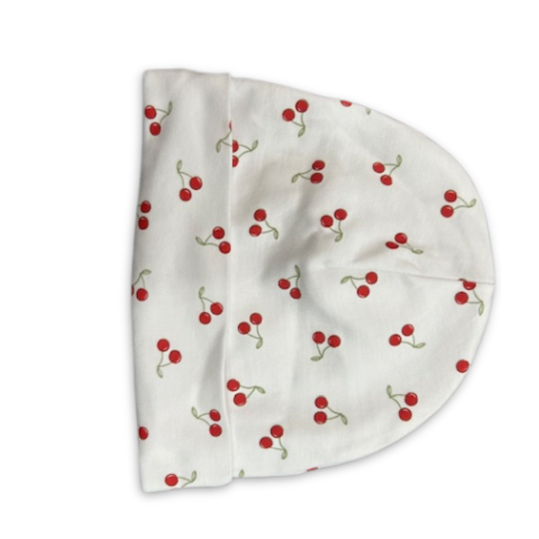 Cotton Pompom Cherries kids hat in soft cotton, lightweight sun hat with cherry print design