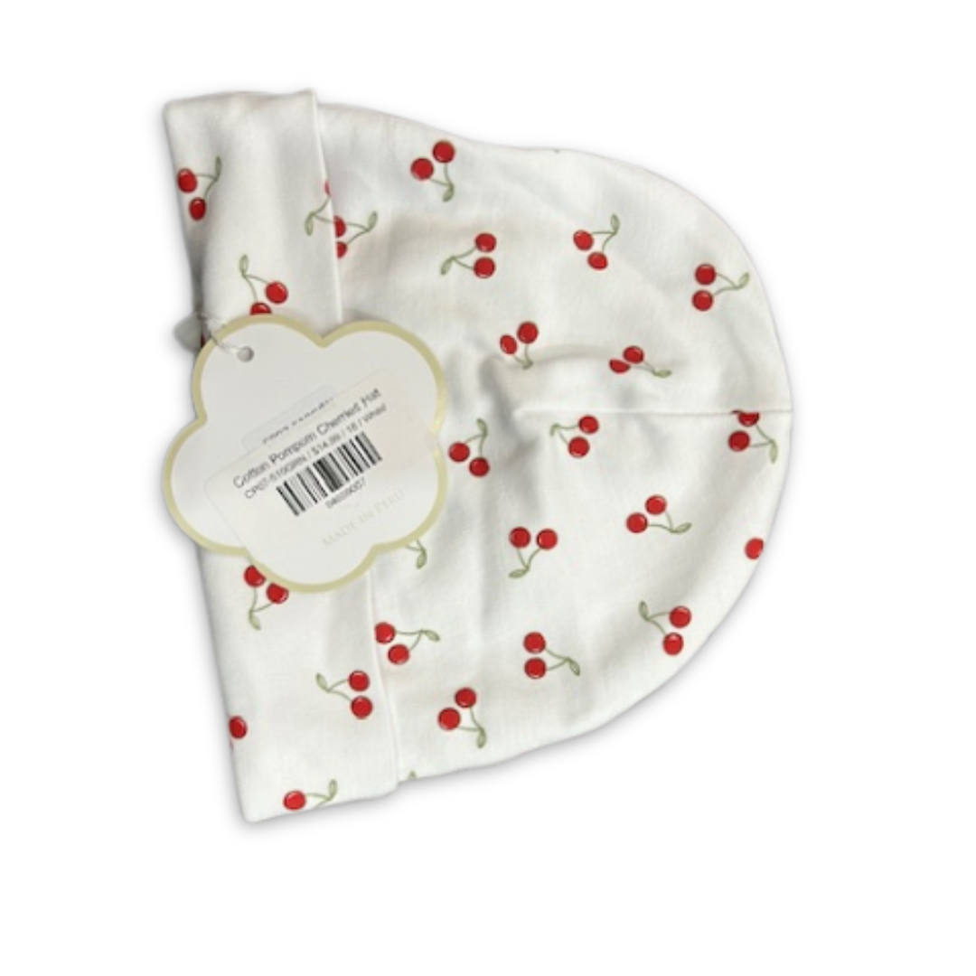 Cotton Pompom Cherries kids hat in soft cotton, lightweight sun hat with cherry print design