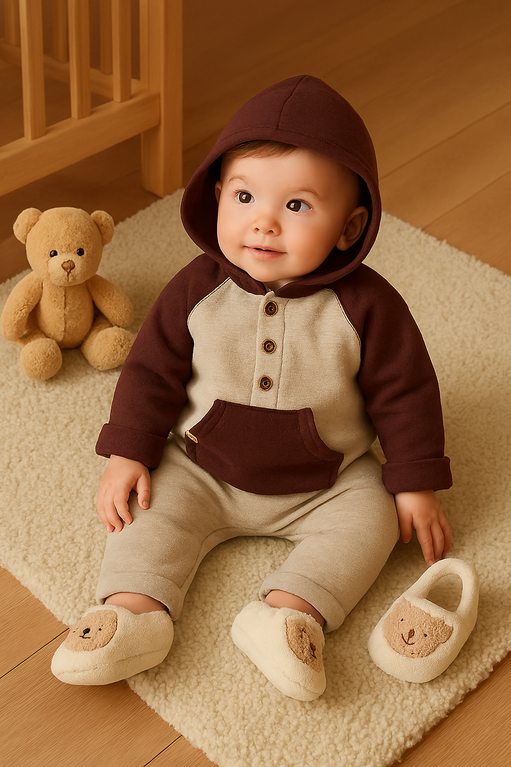 Baby in a brown and beige outfit with a teddy bear and shoes on a wooden floor.