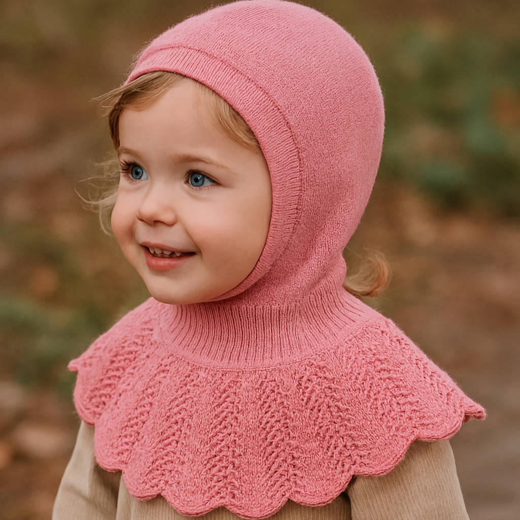 Child wearing a pink knitted hood and beige sweater outdoors