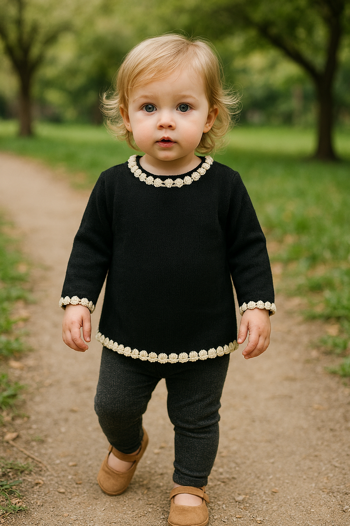 Toddler Black Carousel Stitching Top - Made in Italy
