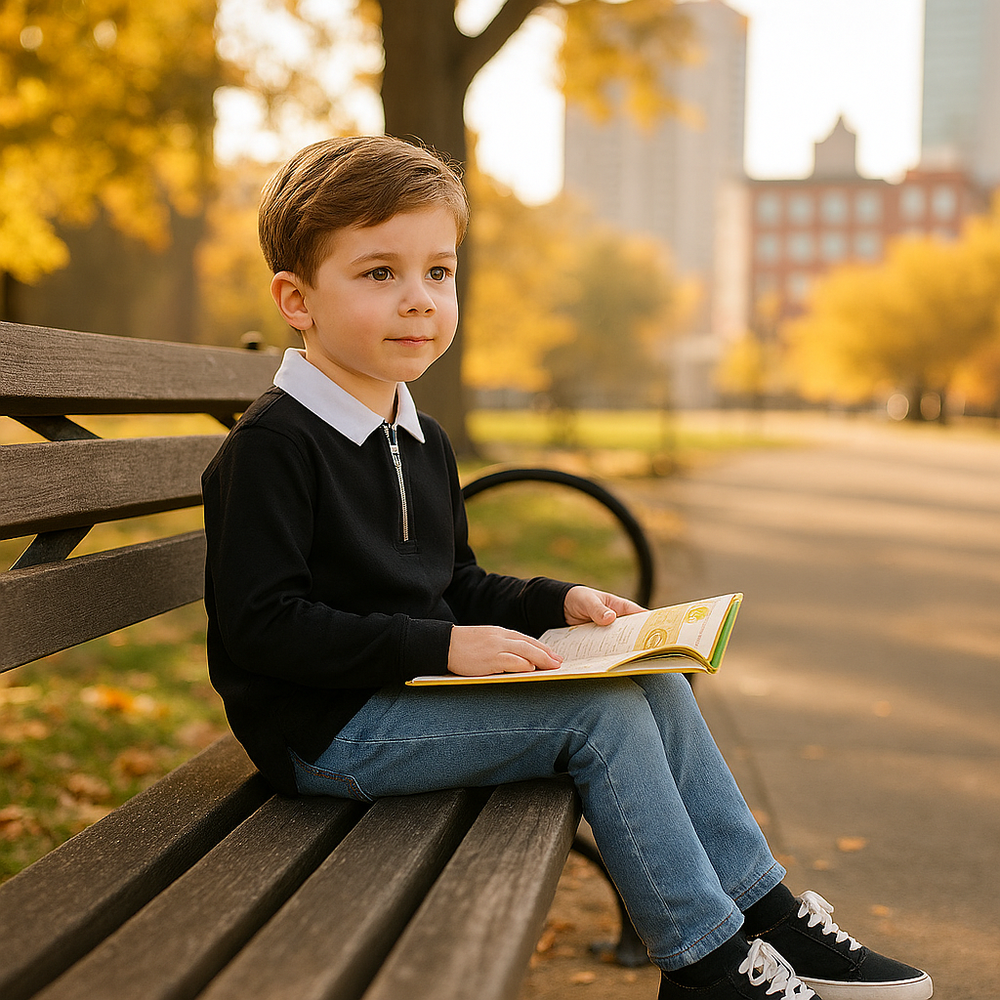 Child sitting on a bench reading a book in an urban park with trees and buildings in the background.