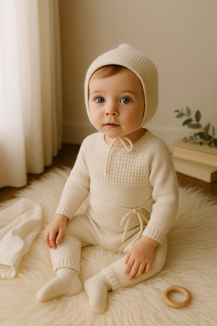 Carmina Ivory Baby Footie with Matching Bib & Bonnet – Luxury Newborn Outfit