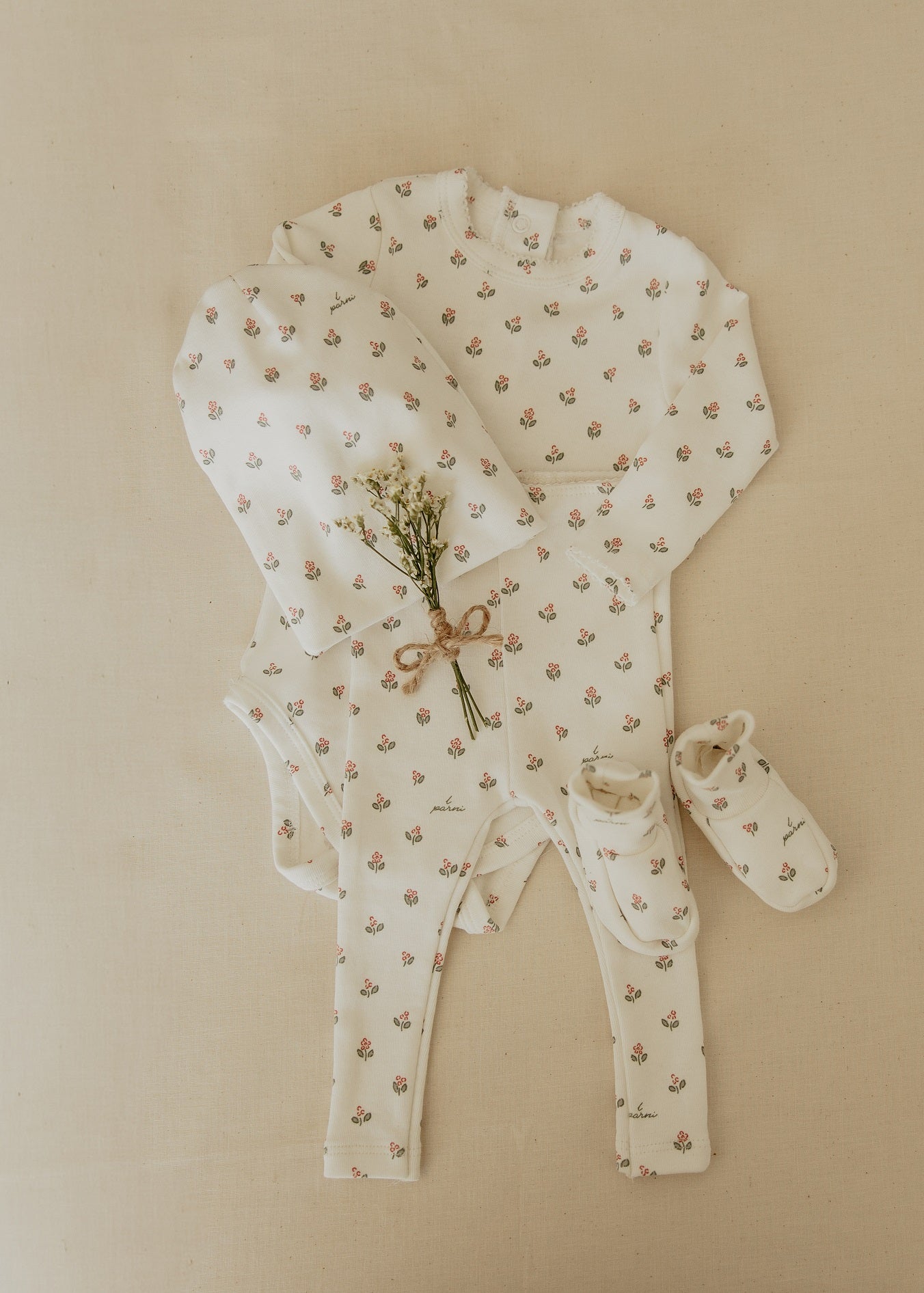Little Parni Floral Footie + Beanie + Bib – Premium Layette Set