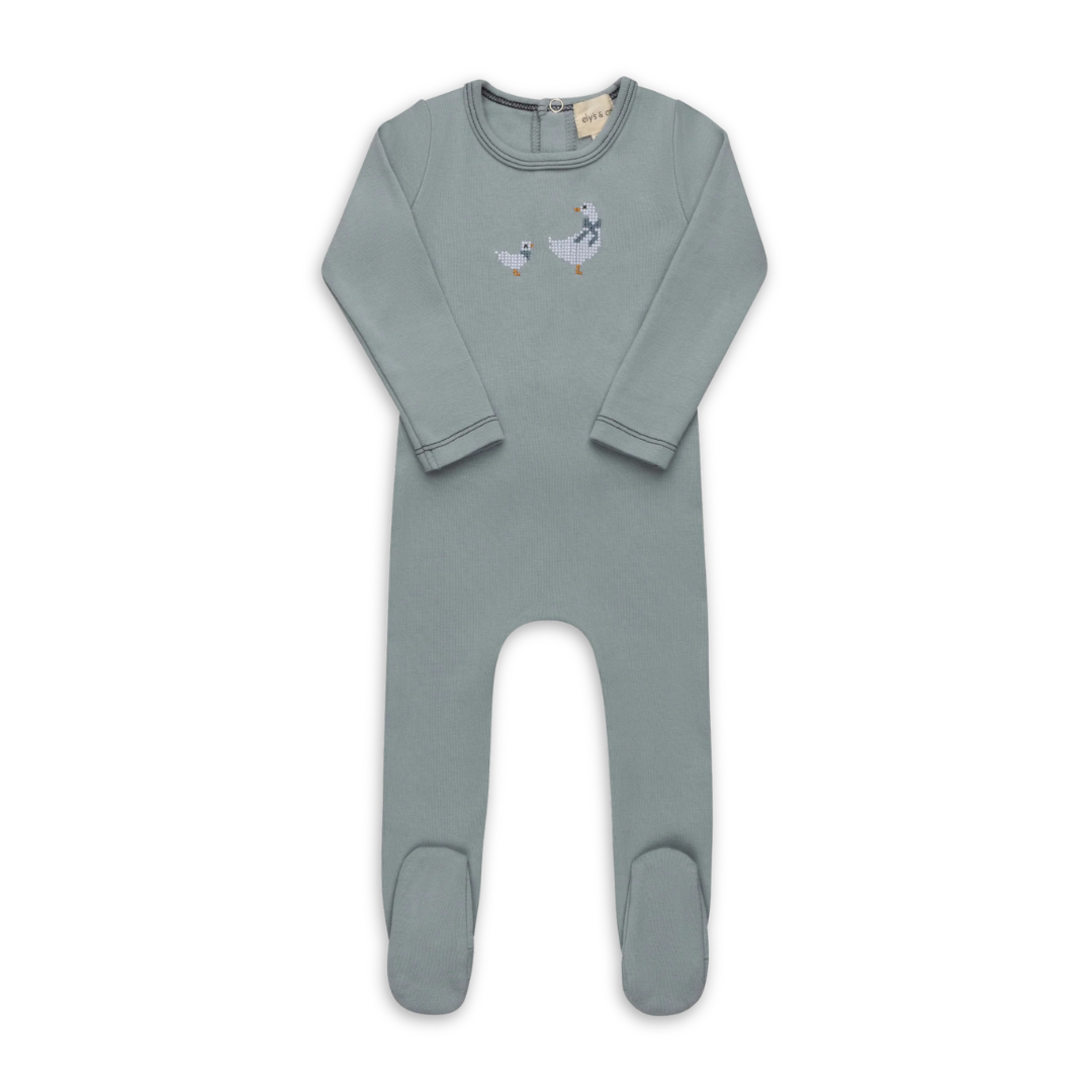 Ely's & Co Cotton Cross Stitch Duckling Collection Footie Soft Cotton Baby Footed Onesie Duckling Embroidery Design