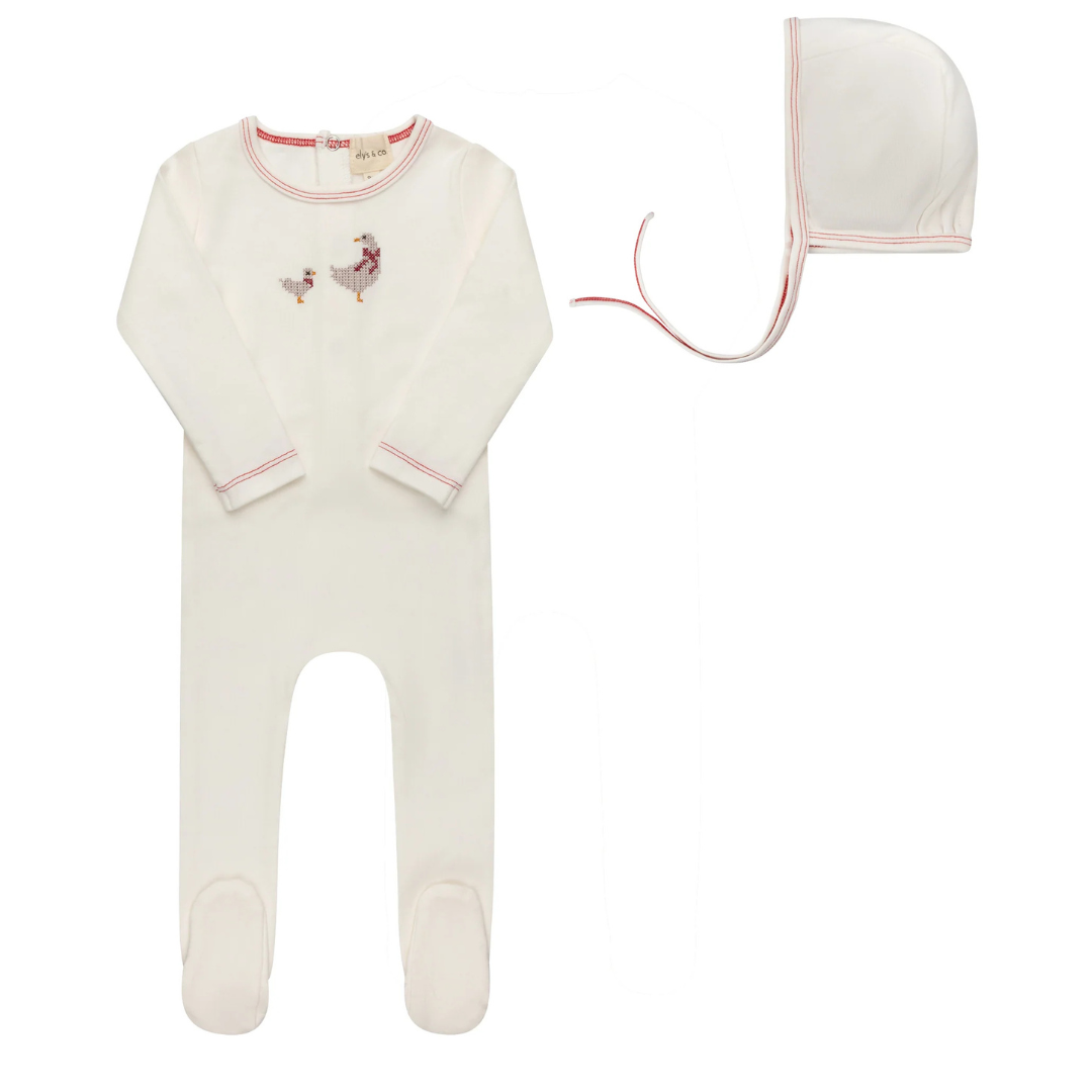 Ely's & Co Cotton Cross Stitch Duckling Collection Footie and Bonnet Soft Cotton Baby Outfit Duckling Embroidery Design