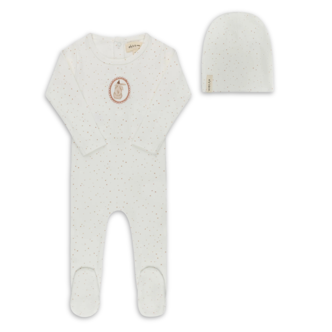 Ely's & Co Cotton Bunny Collection Footie and Beanie Soft Cotton Baby Outfit Bunny Print Design