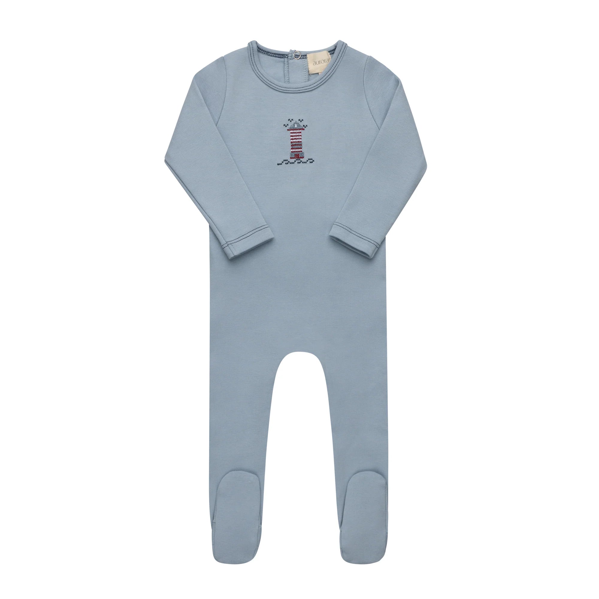 Ely's & Co Cotton Crossstitch Lighthouse Collection Footie Soft Cotton Baby Footed Onesie Lighthouse Embroidery
