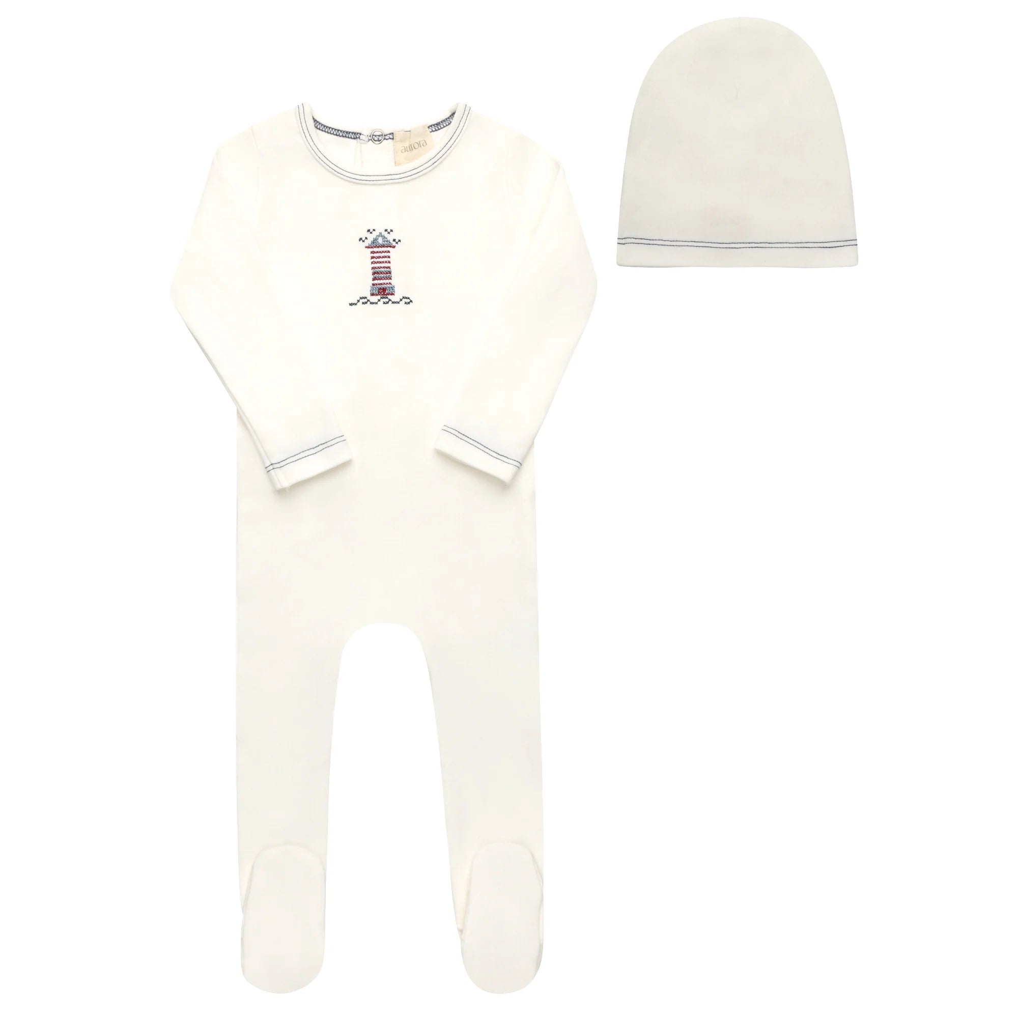 Ely's & Co Cotton Crossstitch Lighthouse Collection Footie and Beanie Soft Cotton Baby Outfit Lighthouse Embroidery