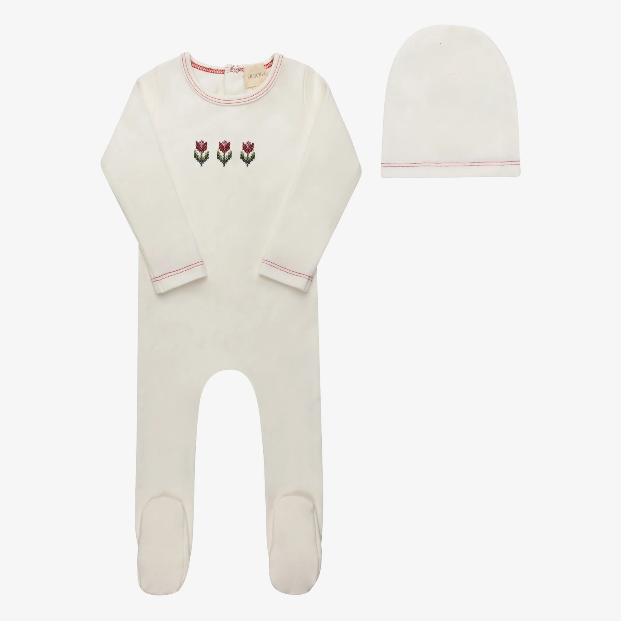 Ely's & Co Cotton Crossstitch Tulip Collection Footie and Beanie Soft Cotton Baby Outfit Tulip Embroidery