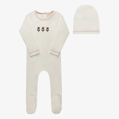 Ely's & Co Cotton Crossstitch Tulip Collection Footie and Beanie Soft Cotton Baby Outfit Tulip Embroidery