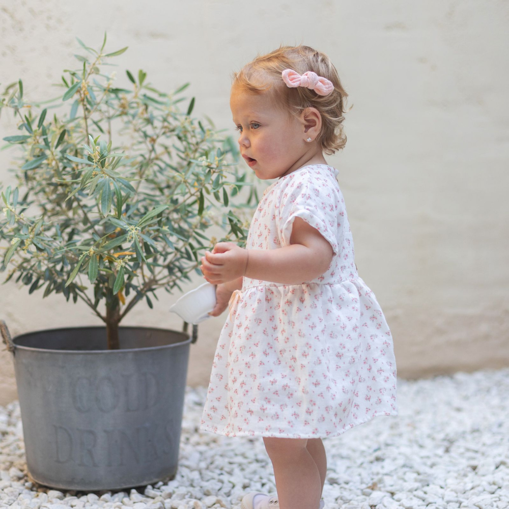 Cotton Little Things Short Sleeve Floral Dress with Bow Soft Cotton Girls Dress Floral Print Bow Detail