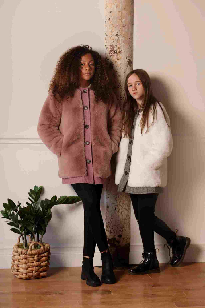 Girls Tweed Fur Coat Mauve Color