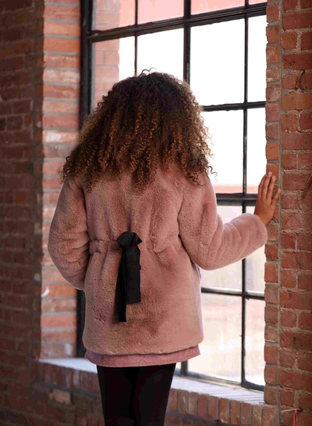 Girls Tweed Fur Coat Mauve Color