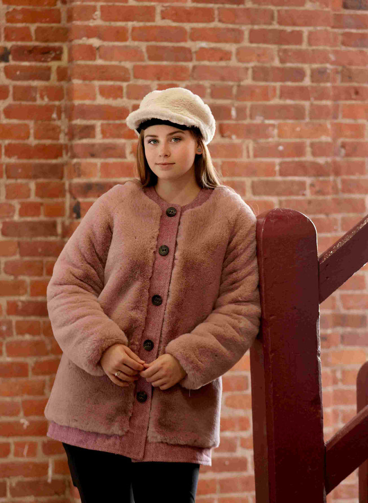 Girls Tweed Fur Coat Mauve Color