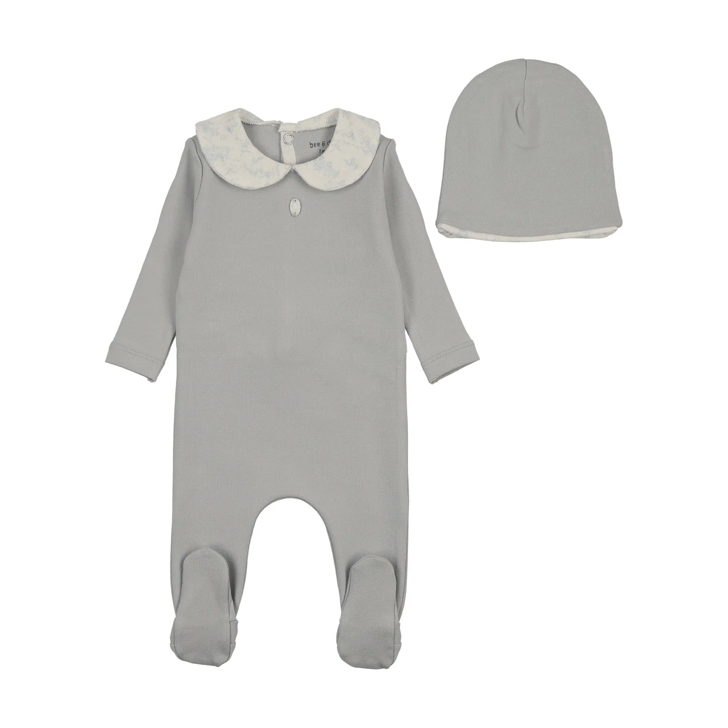 Bee and Dee Crepe Birdcage Footie and Beanie Dusty Blue Soft Cotton Baby Outfit Birdcage Print