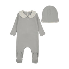 Bee and Dee Crepe Birdcage Footie and Beanie Dusty Blue Soft Cotton Baby Outfit Birdcage Print