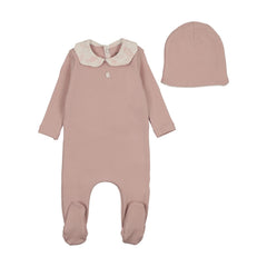 Bee and Dee Crepe Birdcage Footie and Beanie Muted Pink Soft Cotton Baby Outfit Birdcage Print