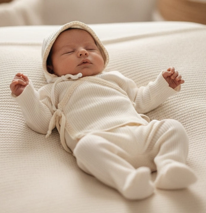 Latte Baby and Child White Rib Lace Knit Set + Bonnet