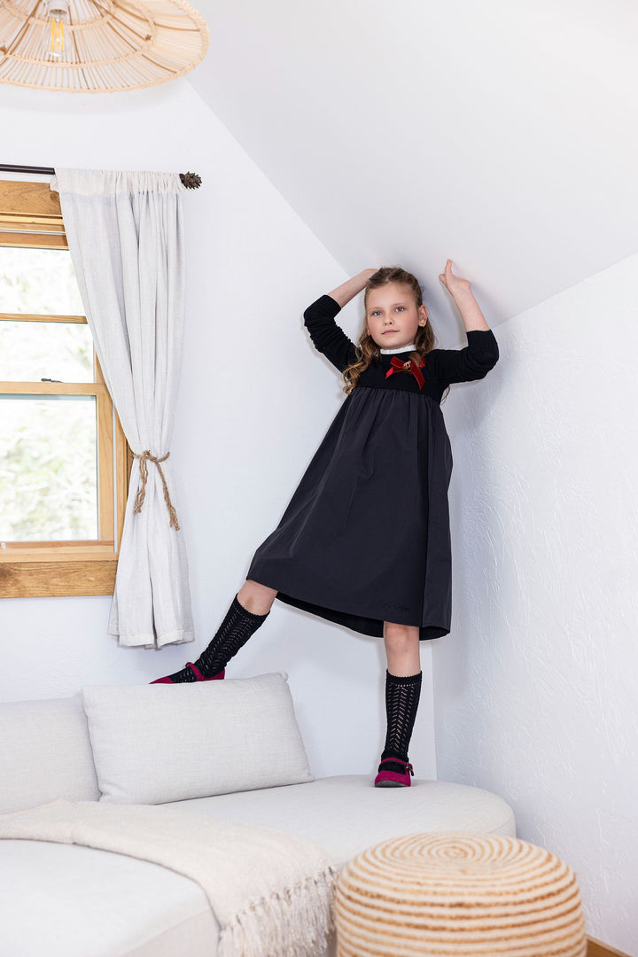 La Niña Knit Taffeta Embellished Bow Dress