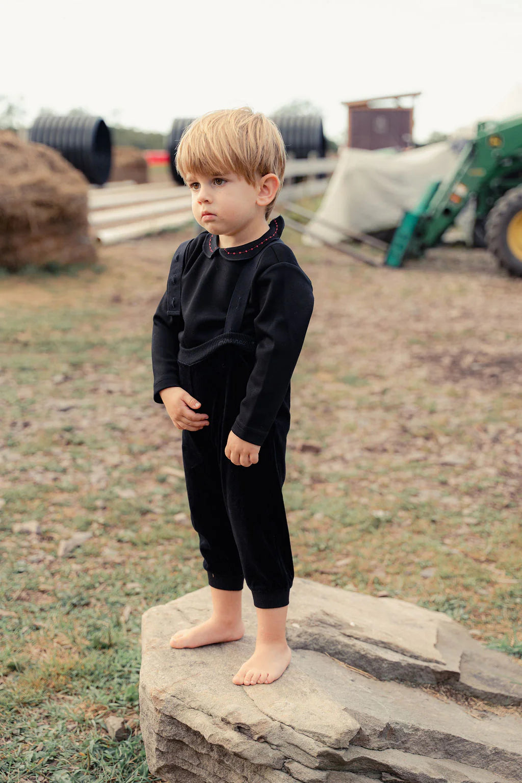 Mini Nod Black Velour Overalls with Model Collared Top