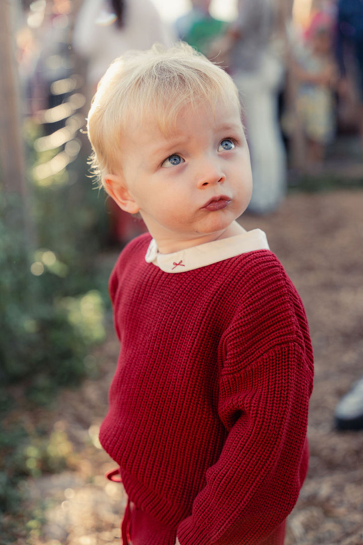 Child wearing a red sweater with a blurred outdoor background