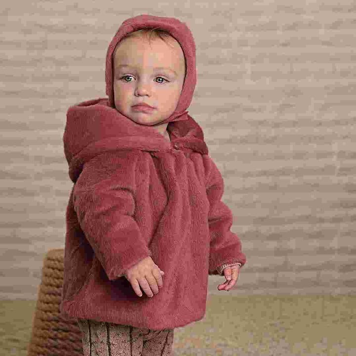 Baby Pink Faux Fur Hooded Jacket + Bonnet - Textured