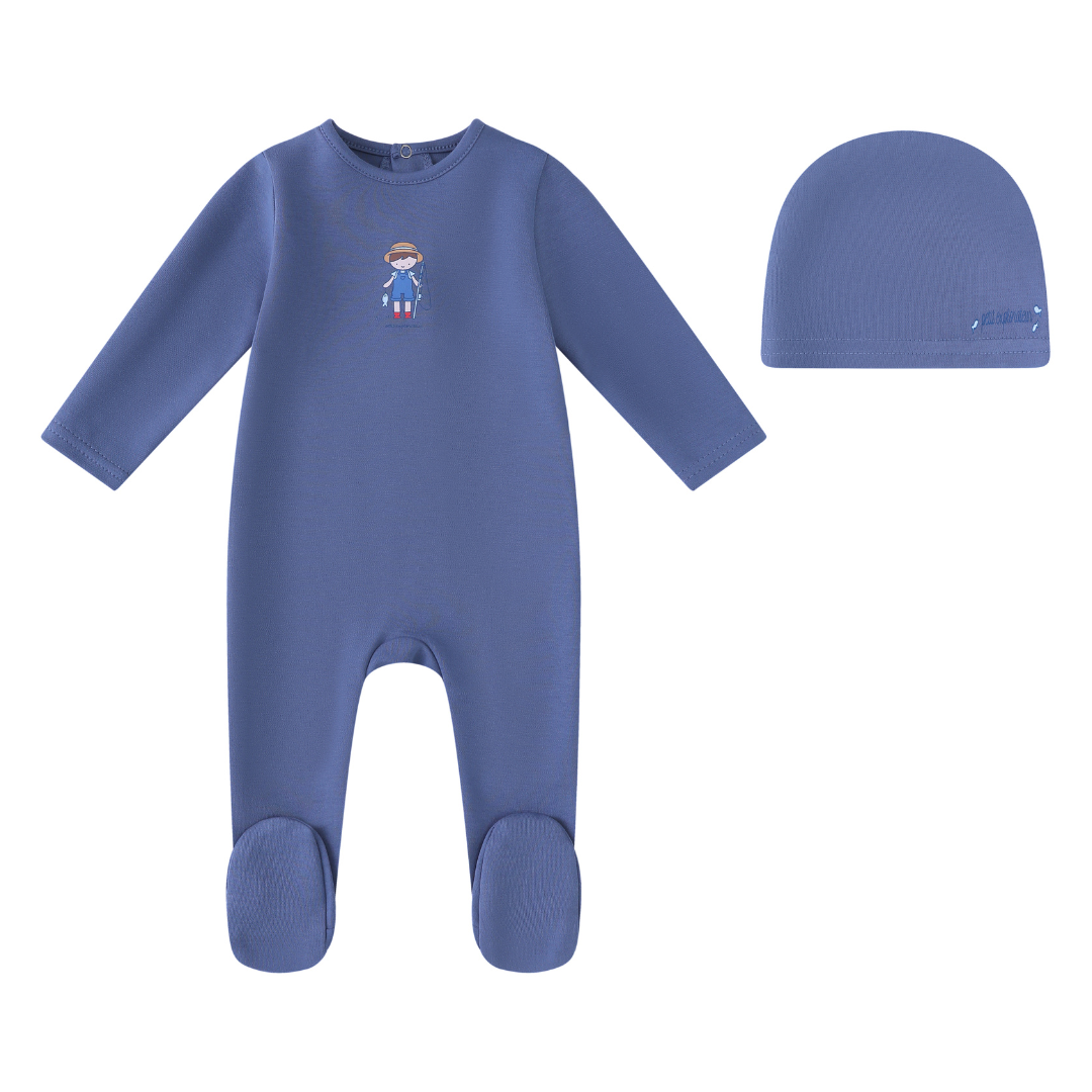 Mini Label Denim Blue Fisherman Footie and Hat Boys Soft Cotton Baby Outfit Fisherman Print Design