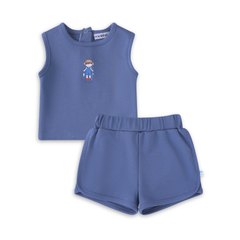 Mini Label Denim Blue Fisherman Two Piece Set Boys Soft Cotton Baby Outfit Fisherman Print Design