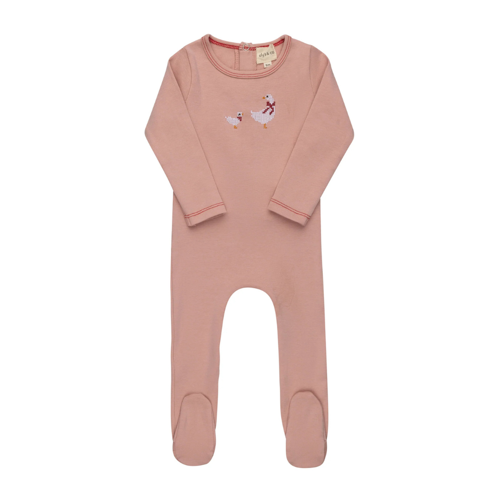 Ely's & Co Cotton Cross Stitch Duckling Collection Footie Soft Cotton Baby Footed Onesie Duckling Embroidery Design