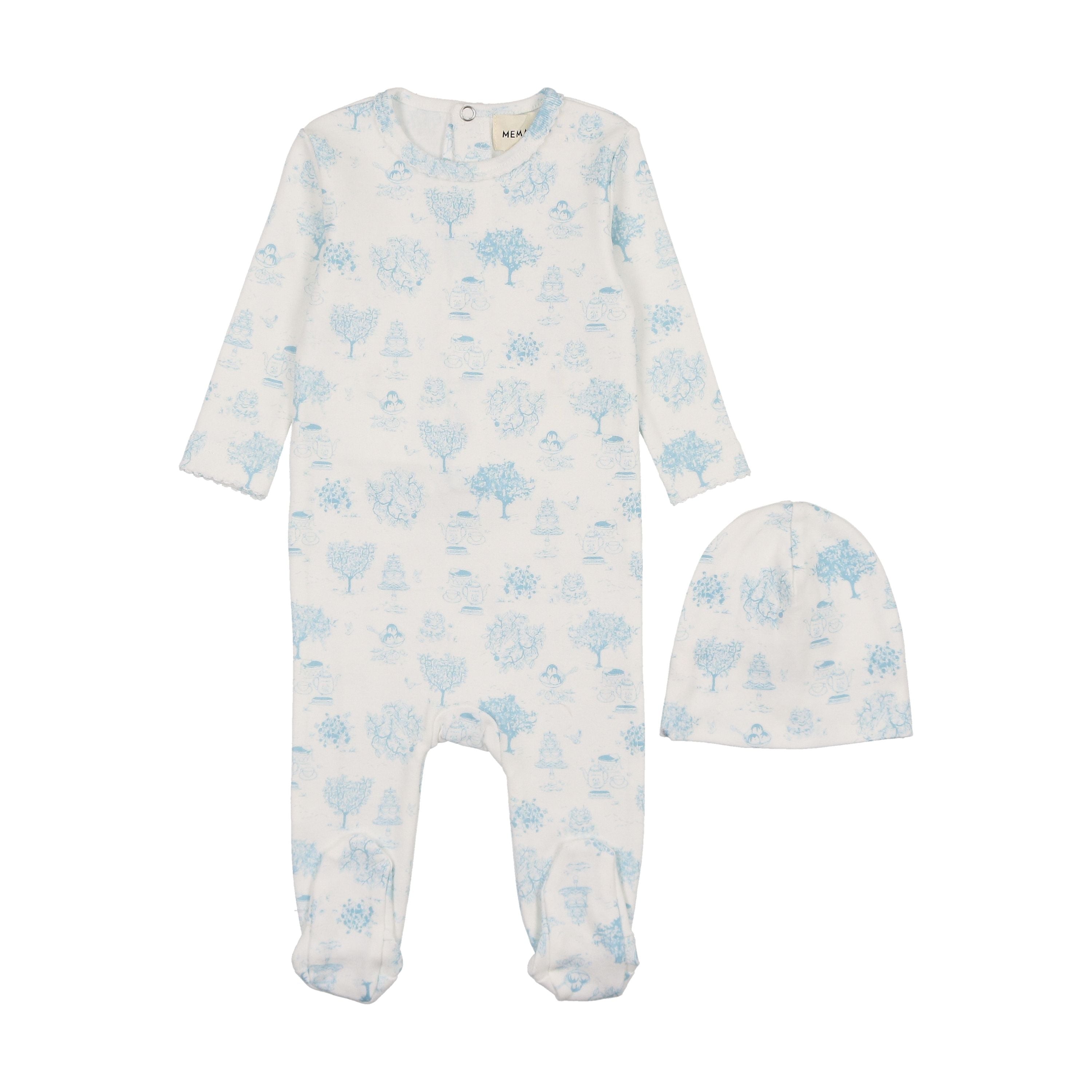 Mema Knits Blue Toile Print Footie + Beanie