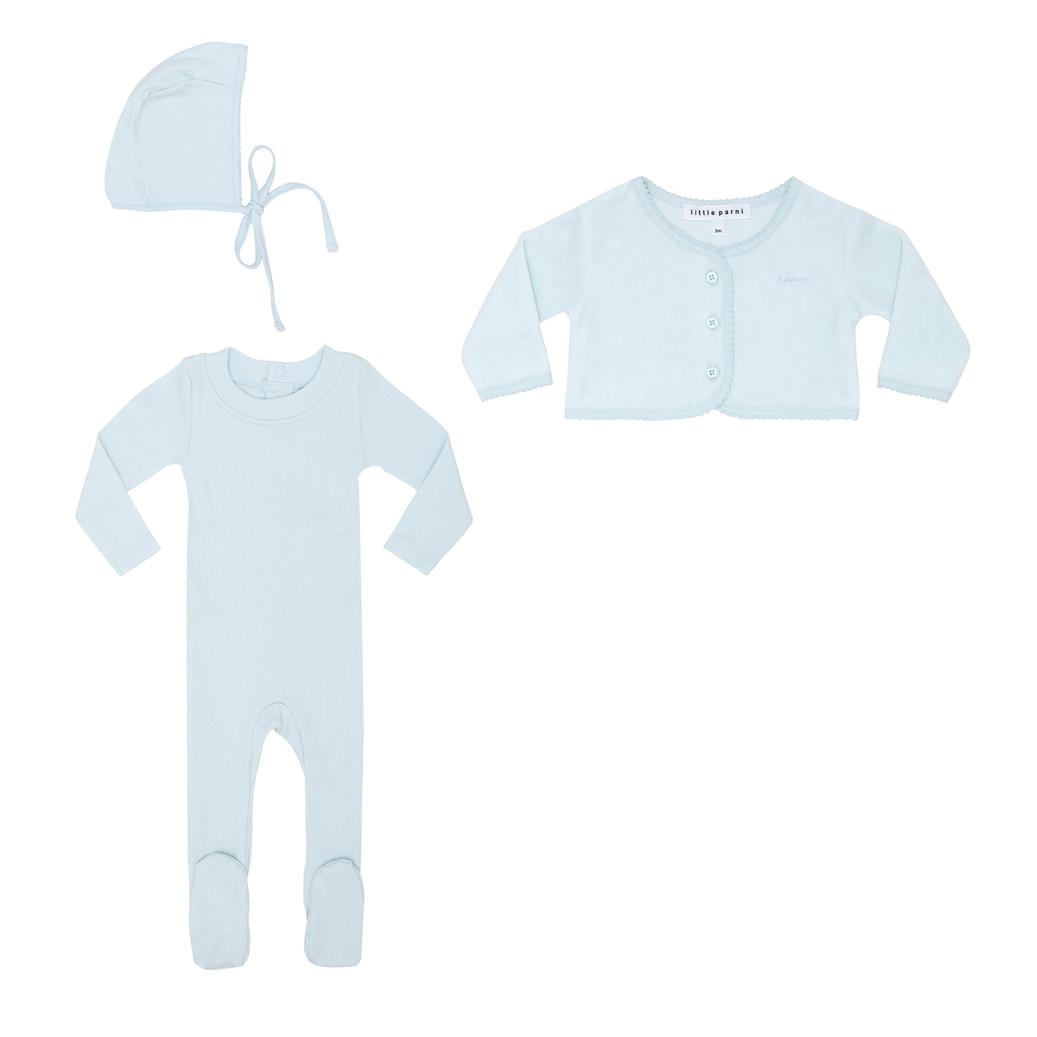 parni light blue baby velour cardigan set and bonnet gift box