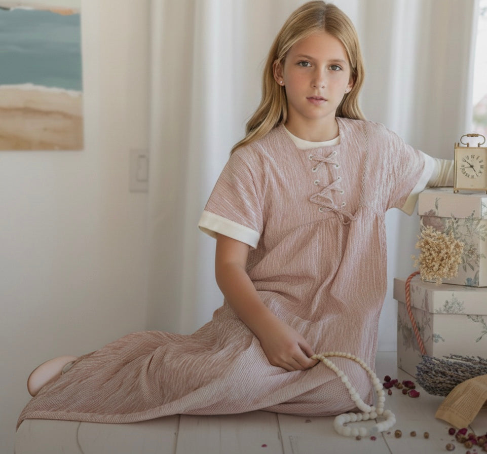Bonjour Red Stripe Lace-Up Long Dress with Cream Cuffs