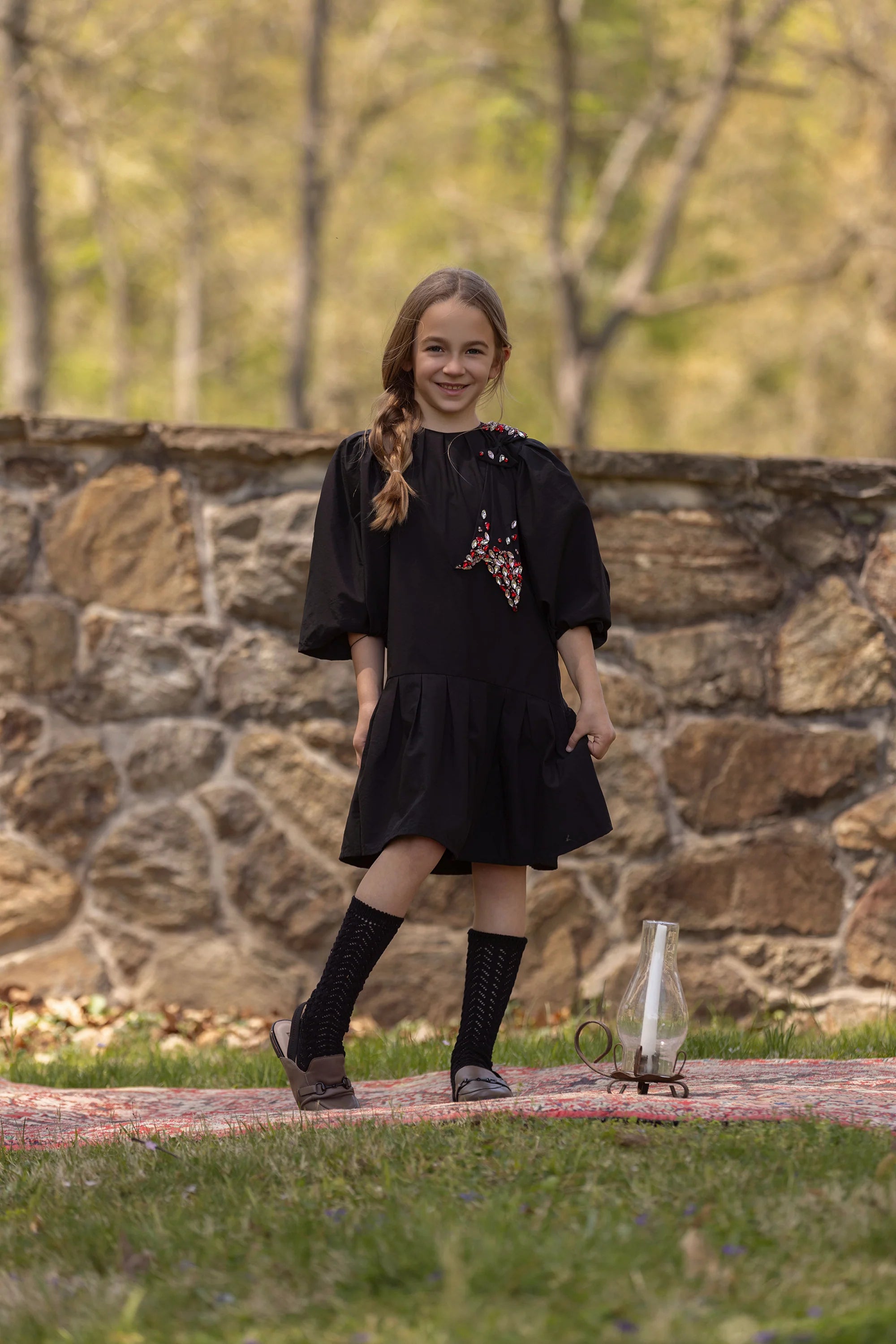 La Nina Taffeta Beaded Bow Dress