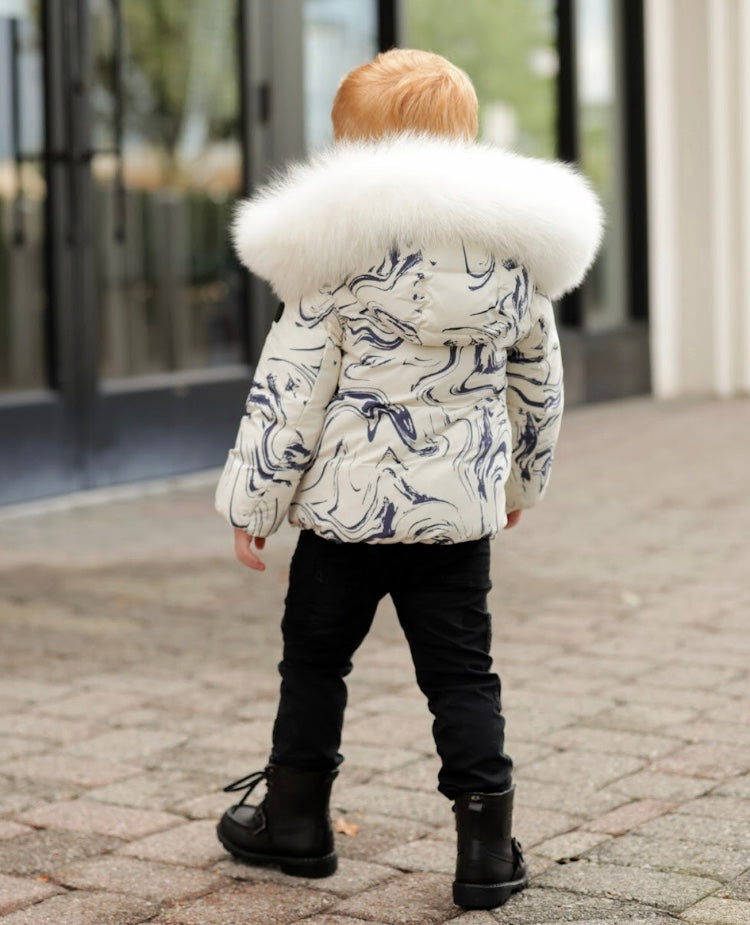 Pramie Little Boys Marble Print Down Jacket – Designer Warmth on Sale