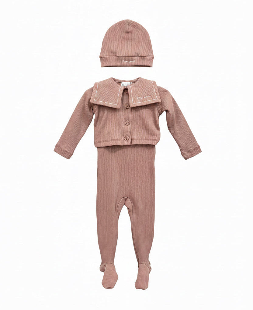 Little Parni – Embroidered Collar Baby Footie Cardigan Set | Pink